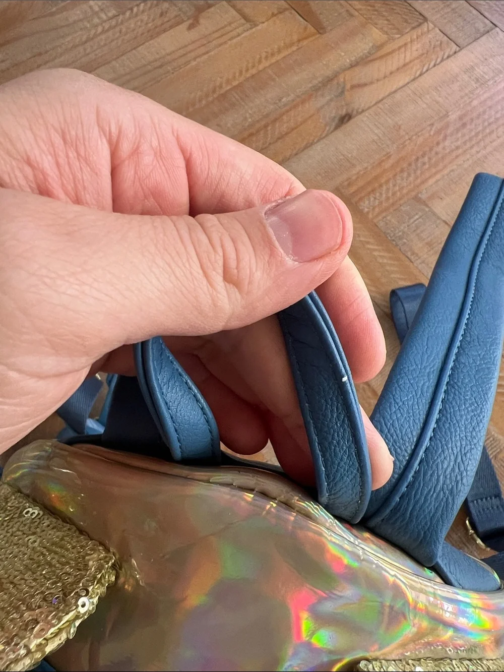 Loungefly Gold Sequin Minnie Ears Holographic Kids Mini Backpack with Navy Trim